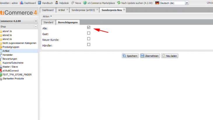 xt:Commerce Sonderpreis aktivieren: Berechtigungen Tab