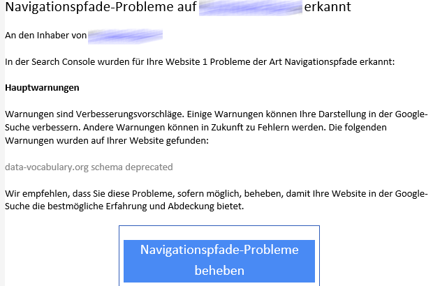 In der Search Console wurden für Ihre Website 1 Probleme der Art Navigationspfade erkannt